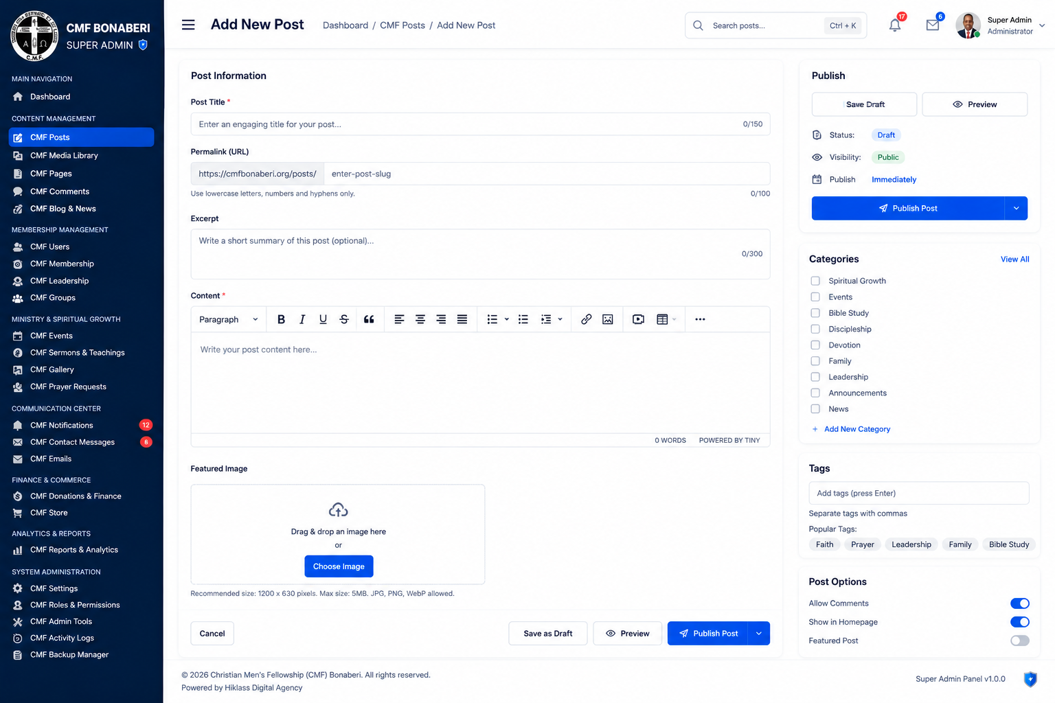 CMF Bonaberi Add New Post admin UI design